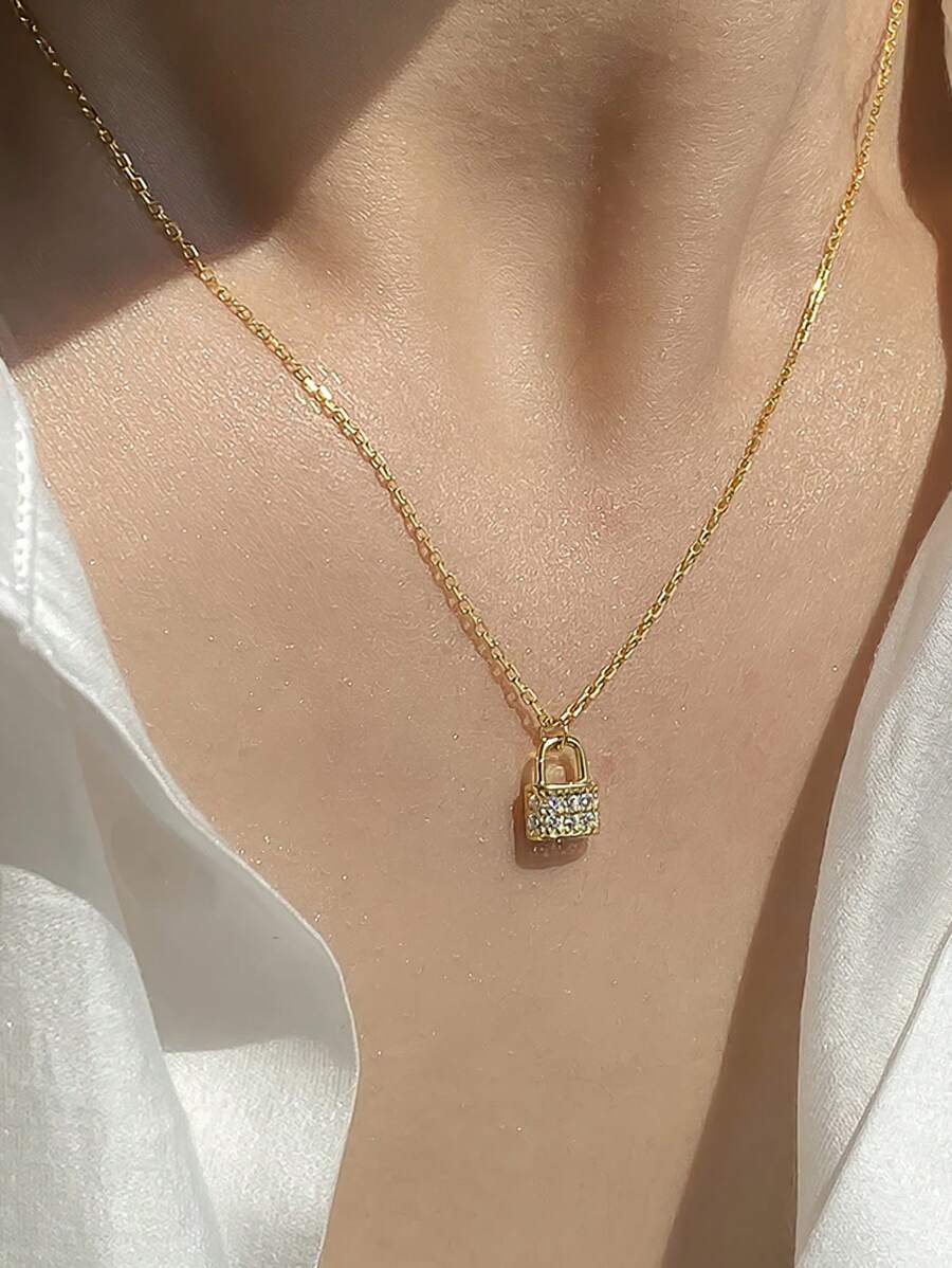 1入niiche設計輕奢復古s925銀小鎖吊墜項鍊,適用於女孩生日禮物 - 金色 - 查看 1