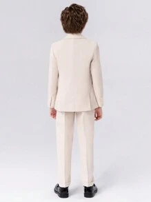 4 件套年轻男童正装西装套装：夹克+马甲+裤子+配套配饰，高端儿童绅士装夹克马甲裤子领结套装 - 米色 - 查看 6