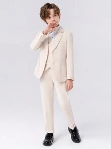 4 件套年轻男童正装西装套装：夹克+马甲+裤子+配套配饰，高端儿童绅士装夹克马甲裤子领结套装 - 米色 - 查看 4