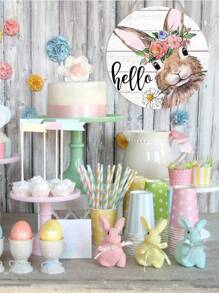 1 件復活節木標誌前門裝飾,可愛的你好兔子農舍圓形壁掛牌匾適合春季家庭聚會戶外室內裝飾 - 彩色 - 查看 3