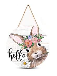 1 件復活節木標誌前門裝飾,可愛的你好兔子農舍圓形壁掛牌匾適合春季家庭聚會戶外室內裝飾 - 彩色 - 查看 5