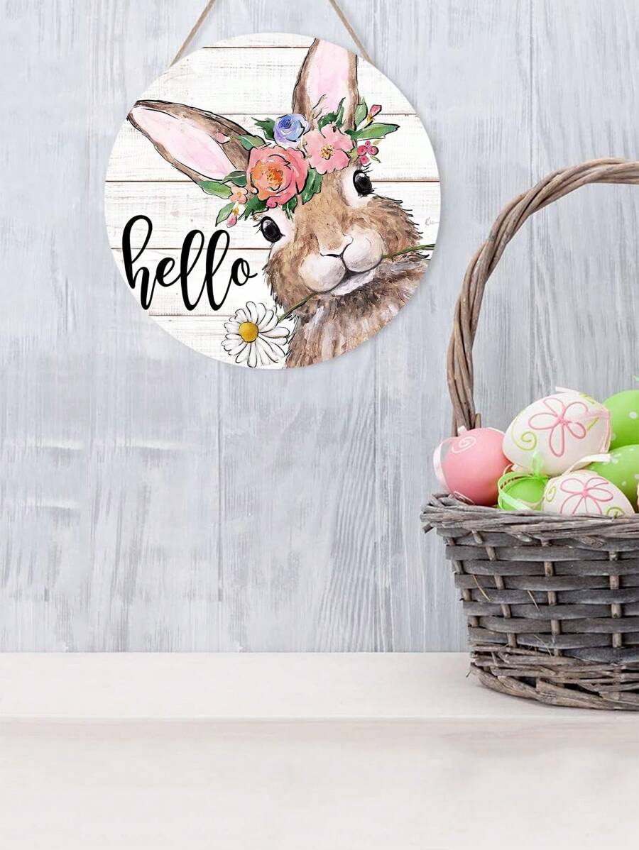 1 件復活節木標誌前門裝飾,可愛的你好兔子農舍圓形壁掛牌匾適合春季家庭聚會戶外室內裝飾 - 彩色 - 查看 1