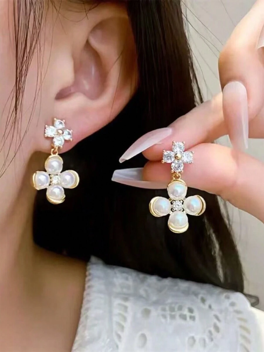 1pair Faux Pearls & Rhinestone Clover & Flower Shaped Personalized Design Elegant Earrings Luxury Women's Jewelry - Multicolor - View 1