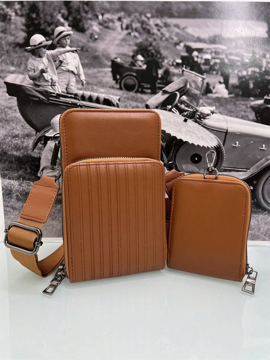 Baila Morena Kit de 2 Bolsa feminina carteira pochete porta-celular porta-moeda tiracolo 3 zíperes 3 divisórias estampada listrada alça transversal nylon ajustável - Caramelo - Visão 1