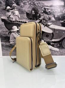 Baila Morena Kit de 2 Bolsa feminina carteira pochete porta-celular porta-moeda tiracolo 3 zíperes 3 divisórias estampada listrada alça transversal nylon ajustável - Caramelo - Visão 2