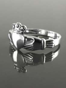 1個時尚的女士皇冠與心臟設計戒指,適用於婚禮、派對、假期、休閒和日常穿搭 - 銀色 - 查看 1