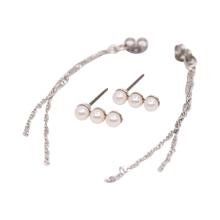 Beppin-komachi 3 Faux Pearls & Long Back Chain Earrings - Silver - View 4