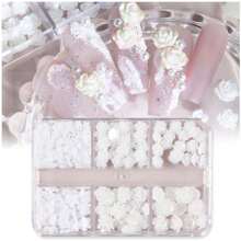 6個格子,玫瑰花珠寶釘飾粉色樹脂製鉤件套件,情人節uv指甲油配件 - 白色 - 查看 6