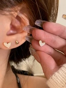 3pcs/Set Simple Heart & Rhinestone Stud Earrings For Women Valentines