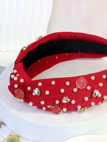 1pc Women's Knot Wide Cloth Headband With Pearl & Flower Decor - Red - View 4