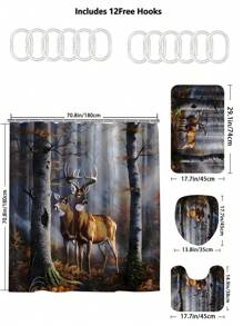 1入組森林鹿淋浴簾&馬桶墊&浴室地墊4件套,防水淋浴簾浴室配件附12個掛鉤 - 彩色 - 查看 2
