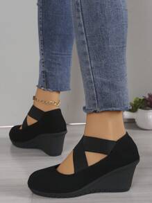 Women's Wedge Loafers, Thick Bottom, Black, Fashionable, Versatile, Lightweight, Slip-On, Elastic Band, Simple, Comfortable, Large Size - Black - View 2
