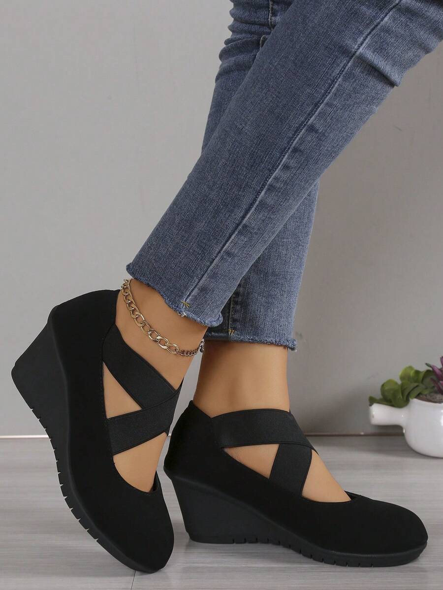 Women's Wedge Loafers, Thick Bottom, Black, Fashionable, Versatile, Lightweight, Slip-On, Elastic Band, Simple, Comfortable, Large Size - Black - View 1