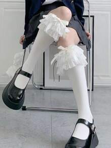 1pair Ladies' Multi-Layer Lace Edge Bow Knot Over Knee Socks