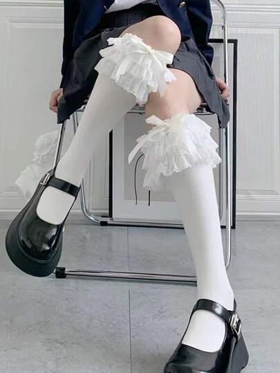 1pair Ladies' Multi-Layer Lace Edge Bow Knot Over Knee Socks