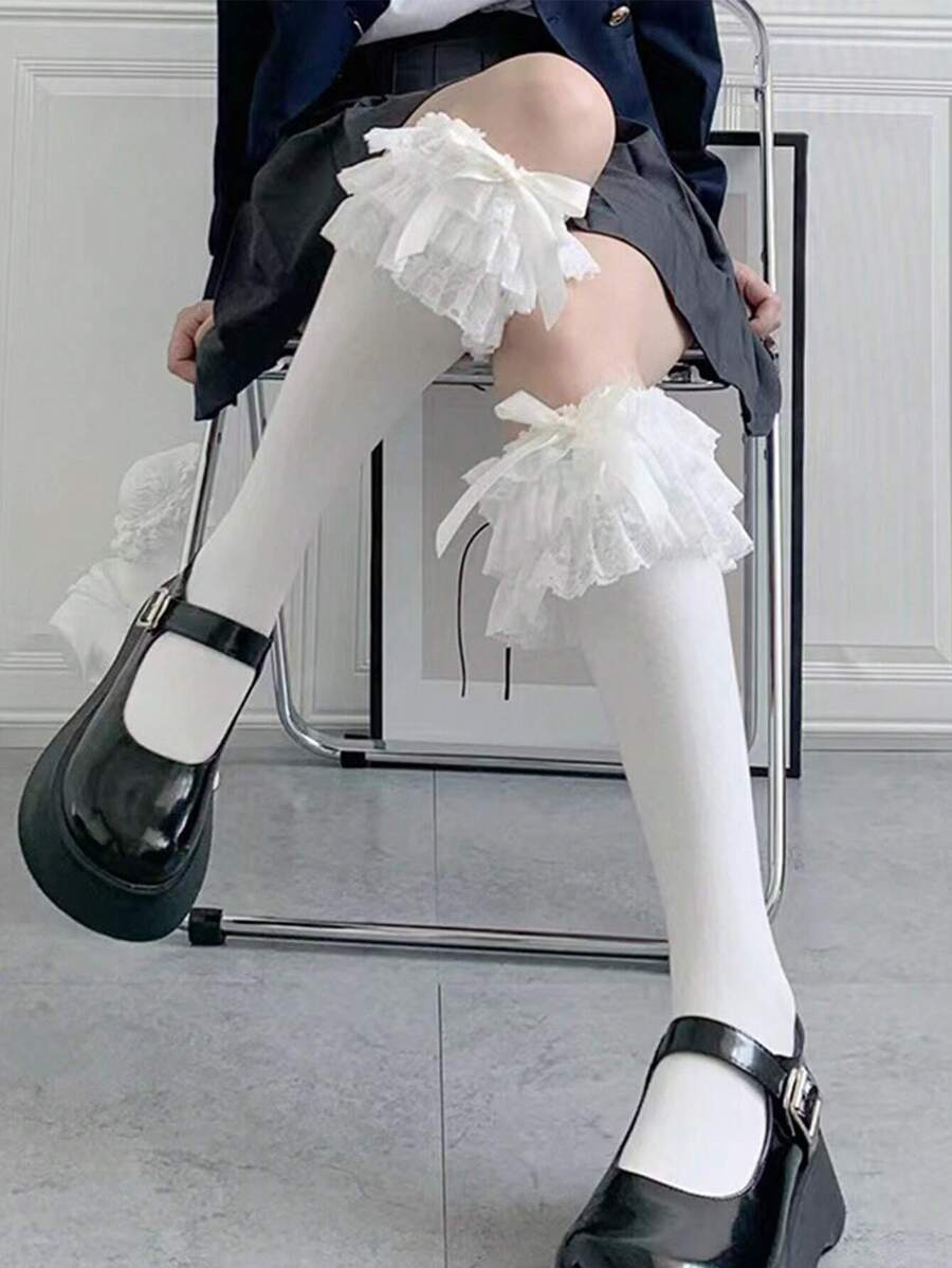 1pair Ladies' Multi-Layer Lace Edge Bow Knot Over Knee Socks