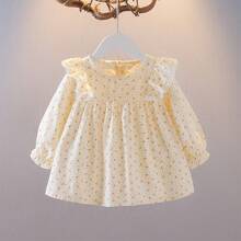 年輕女孩時尚長袖荷葉邊袖口花朵襯衫，適用於春季/秋季 - 橘色 - 查看 1