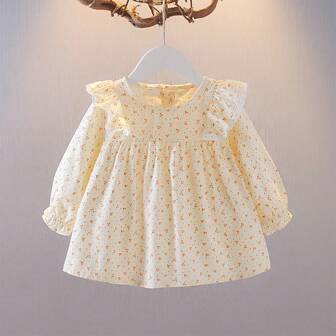 年輕女孩時尚長袖荷葉邊袖口花朵襯衫，適用於春季/秋季