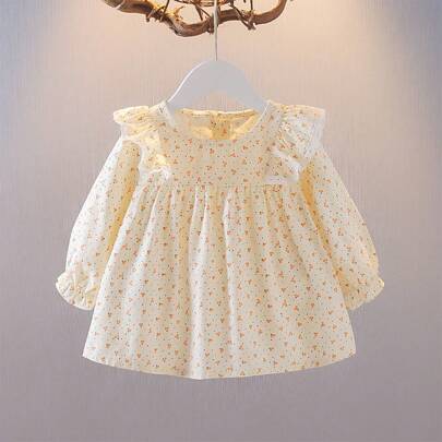 年輕女孩時尚長袖荷葉邊袖口花朵襯衫，適用於春季/秋季