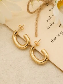 1Pair/2Pcs Gold Color  Fashionable Personalized And Exquisite Geometric C-Shaped Stainless Steel Women's Earrings - Gold - View 2