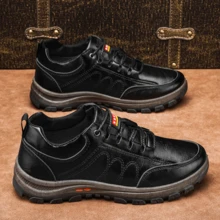 新款春秋男士時尚戶外徒步鞋,防水防滑,休閒運動皮革鞋 - 黑色 - 查看 1