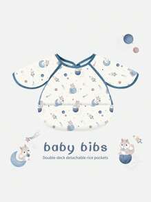 1pc Toddler Boys/Girls Waterproof Lightweight Breathable Sleeveless Cartoon Print Bib With Pocket, Dirt-Resistant Feeding Bib - Dusty Blue - View 3