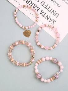 4入組波西米亞風格多層粉色手工手鐲,帶金屬心形吊墜 - 粉色 - 查看 3