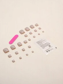 Instantly Upgrade Your Look With 24pcs Short Square Nude Glitter Fake Toenail & 1pc Toenail File & 1sheet Tape Press On Nails Nail Supplies - Multicolor - View 5