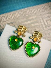 1對歐美復古優雅淑女設計鍍金老式綠石愛心耳環,適合女性日常/節日穿戴,非常適合作為母親/朋友的禮物和珠寶 - 耳環 - 查看 3