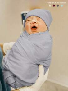 1件套新生儿男女宝宝襁褓毯+头带+帽子三件套，含胎儿帽、婴儿襁褓和儿童防踢被 - 灰色 - 查看 1