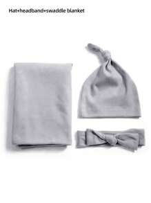 1件套新生儿男女宝宝襁褓毯+头带+帽子三件套，含胎儿帽、婴儿襁褓和儿童防踢被 - 灰色 - 查看 6
