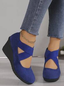 Women's Spring & Autumn New Style Round Toe Slip-On Shoes With T-Strap, High Heels, Comfortable, Fashionable, Versatile, Wedges Sole, Big Sizes - Purple - View 1