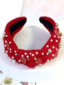 1pc Women's Knot Wide Cloth Headband With Pearl & Flower Decor - Red - View 3