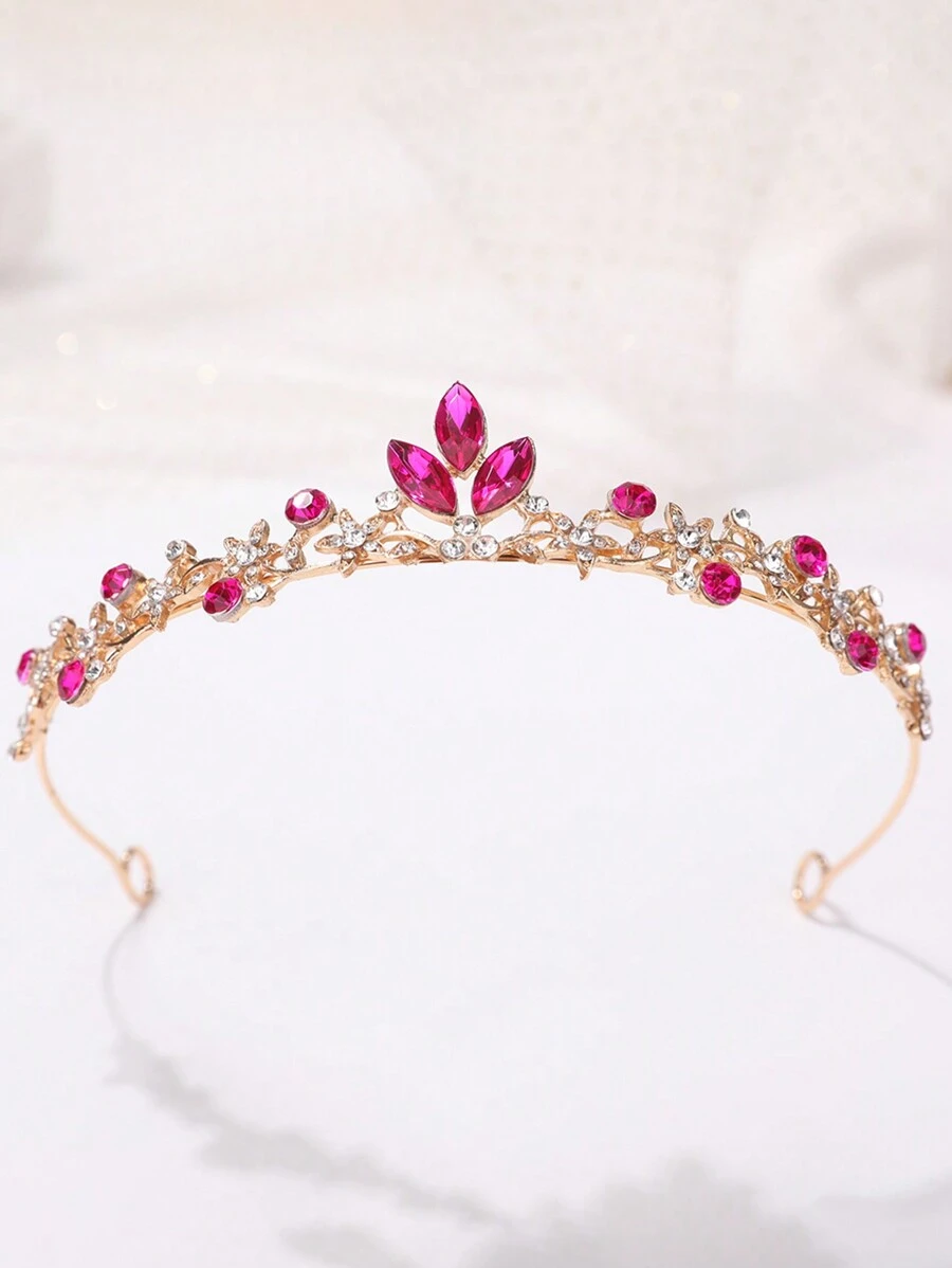 1頭女童皇冠造型髮箍,鑲有鑽石裝飾,甜美奢華風格 - 玫紅色 - 查看 1