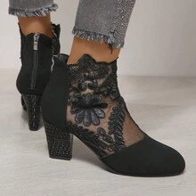 新款女式花邊網眼粗跟高跟鞋,上部空心設計,可選擇大尺碼 - 黑色 - 查看 5