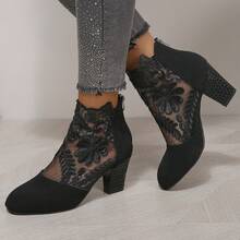 新款女式花邊網眼粗跟高跟鞋,上部空心設計,可選擇大尺碼 - 黑色 - 查看 3