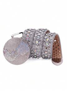 Màu bạc Nam Và Của phụ nữ chất liệu da PU Punk Lấp lánh Trái đất Khóa tròn Thắt lưng Rhinestone Thời trang Lấp lánh Hành tinh To lớn Khóa đá Thắt lưng Pha lê Dát Đầy Thắt lưng Dây đeo Đối với Quần jean Đầm - Bạc - Xem 3