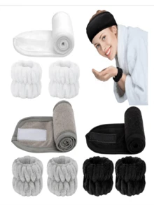 2入組女士化妝頭帶毛巾布水療頭帶超柔軟可調整面部清洗髮帶毛巾布帶有掛鉤和手腕帶用於化妝時清洗臉部、淋浴、敷臉、瑜伽拉伸化妝包 - 黑色 - 查看 3