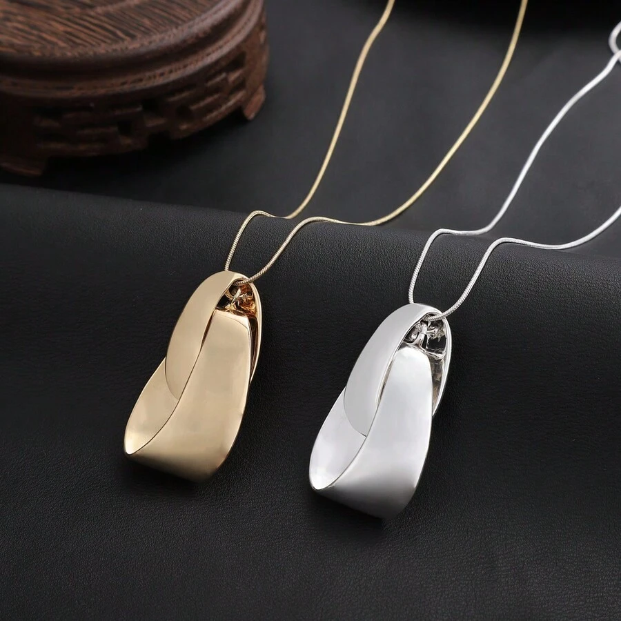 HaiDiLa 1入時尚法式假期風格幾何扭曲&橢圓設計長骨鏈項鍊,適合日常,假期和派對 - N360982 - 查看 1