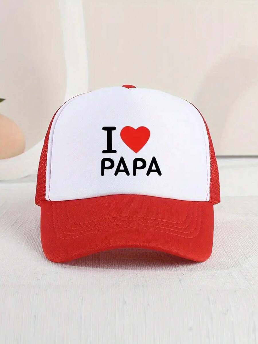 1件網狀印花我愛爸爸棒球帽,防曬透氣時尚遮陽帽新款兒童卡車帽 - 紅白色 - 查看 1