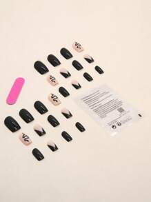 Nâng cấp diện mạo của bạn với 24 chiếc Móng tay giả vuông ngắn màu đen in hình rắn & 1 tấm băng dính & 1 dũa móng tay Ấn vào móng tay Đồ dùng làm móng - Nhiều màu - Xem 2