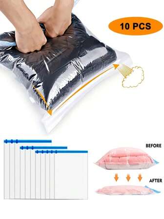 10pcs Compression Bags For Travel, Travel Accessories, Space Saver Bags, No Vacuum Or Pump Needed, Vacuum Storage Bags For Travel Essentials, Travel And Home Packing Organizers (Blue) Clothes Storage Clothes Organizer Travel Organizer Bag Set Travel Storage Bag Set Packaging Bag Back To School School Bag Travel Essentials Travel Organizer For Beach Summer Vacation