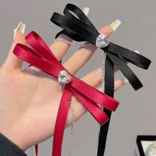 1pc Rhinestone Pom Pom Ribbon Bow Hair Clip, Suitable For Christmas & New Year Gifts, Claw Clips, Hair Slide, Hair Barrettes