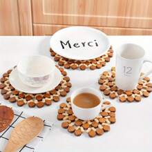 1入圓形竹製隔熱杯墊,中空設計的鍋墊用於餐桌上,防滑墊可用於咖啡茶杯,耐用的木製廚房配件,中式桌墊 - 杏色 - 查看 1