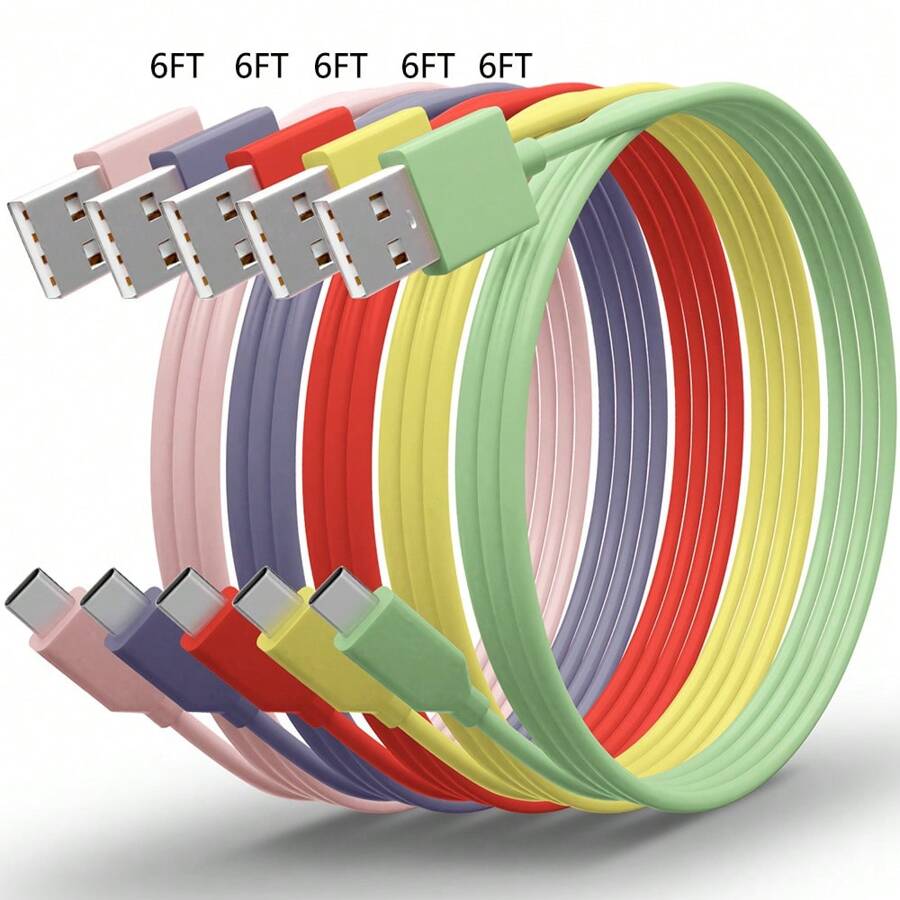 [5入組/6英呎] Usb Type C 充電線,usb A To Usb C 快速充電線,適用於三星 Galaxy A14 5g A13 A54 A53 S23 S22 Ultra S21 S20 A23 A24 A03s 7pro 6 Moto Android 手機 - 彩色 - 查看 1