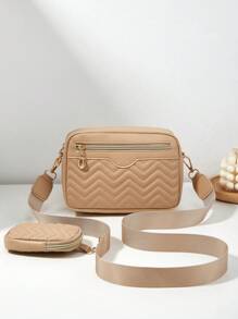 1 件女士小方形单肩包，绗缝斜挎包，带零钱包 - 卡其色 - 查看 2