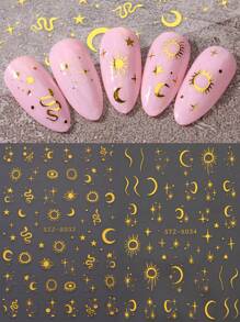2入組金色太陽月亮星星鍍金美甲貼紙金屬蛇紋設計y2k美甲貼紙自粘式滑塊裝飾 - 金色 - 查看 1