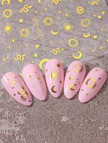 2入組金色太陽月亮星星鍍金美甲貼紙金屬蛇紋設計y2k美甲貼紙自粘式滑塊裝飾 - 金色 - 查看 6