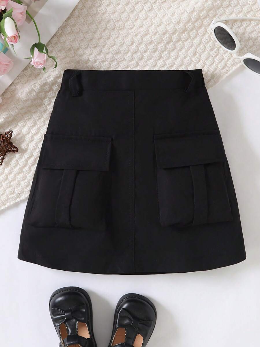 小女孩純色口袋裙學院風/商務風春夏 - 黑色 - 查看 1