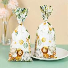 50 Pieces Jungle Animal Cellophane Treat Bags, Green Golden Safari Animal Palm Leaves Plastic Candy Goodie Bags With 50Pcs Golden Twist Ties For Wild One Safari Shower Birthday Party Favors